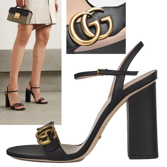 GUCCI SHOES MARMONT DOUBLE G LOGO BLACK LEATHER SANDALS HIGH HEEL sz 41.5 / 11.5 - Picture 1 of 15
